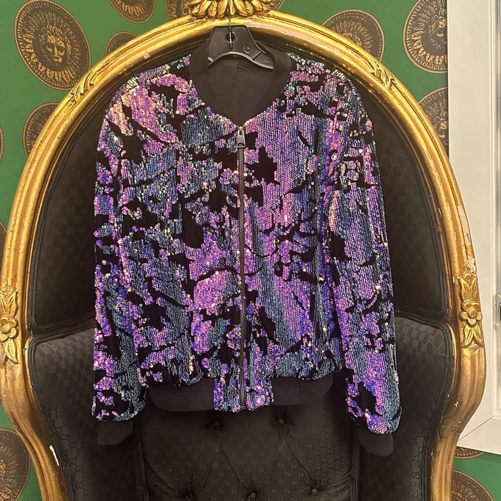 Topshop Sequin Bomber Jacket in Black and Purple, US 8